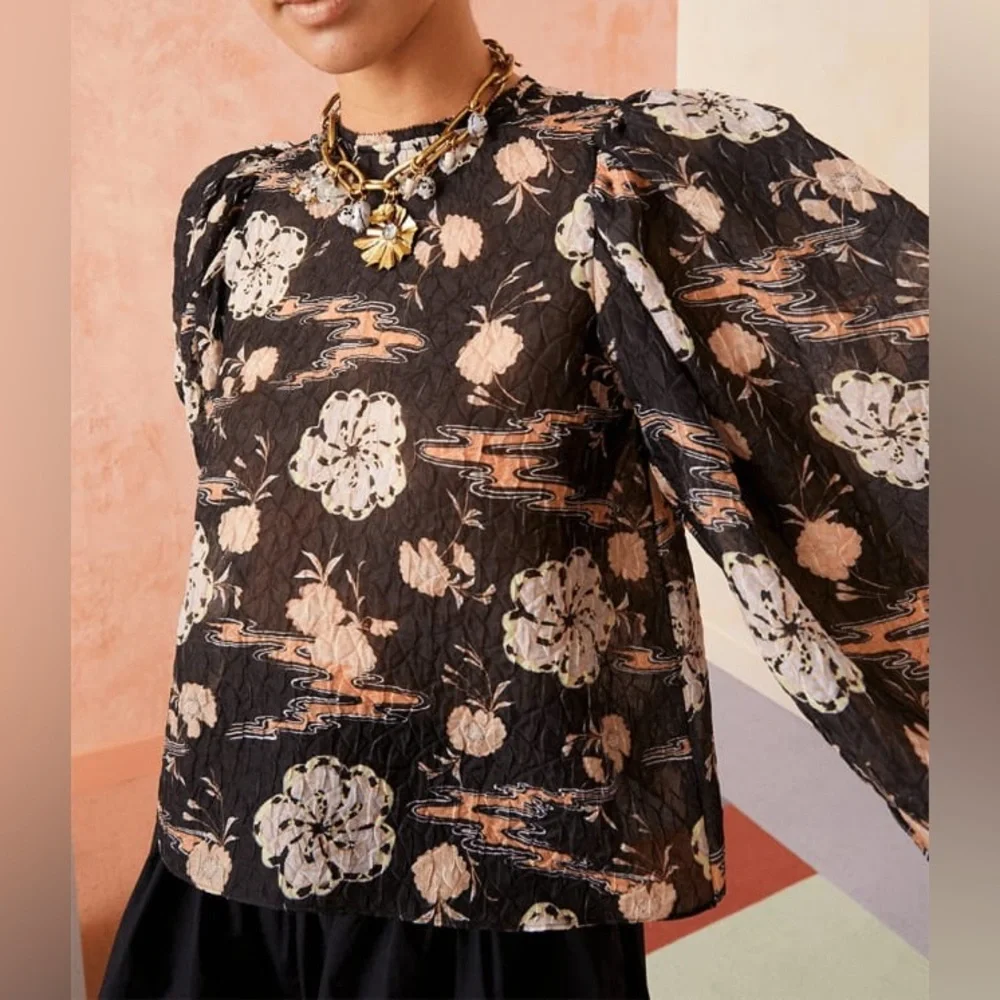 Ulla Johnson Eliza Blouse‎ Onyx Silk Blend Puff Sleeve Floral Top Size 4 Small